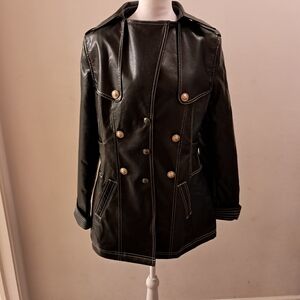 Futario Coat Women's XL Faux Leather PU Double Breasted Formal Gold Black Button